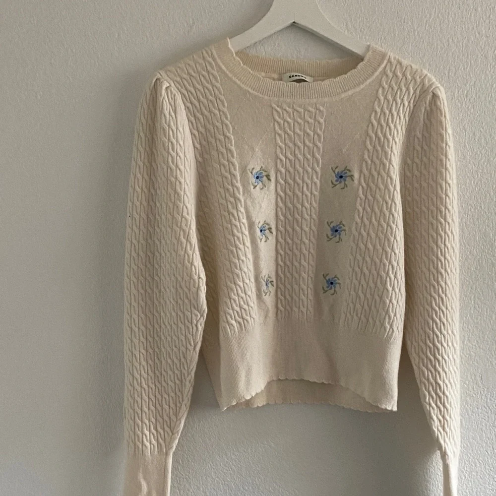 Sandro Cream Cable Knit Sweater with Blue Floral Accents - Picture 2 of 4